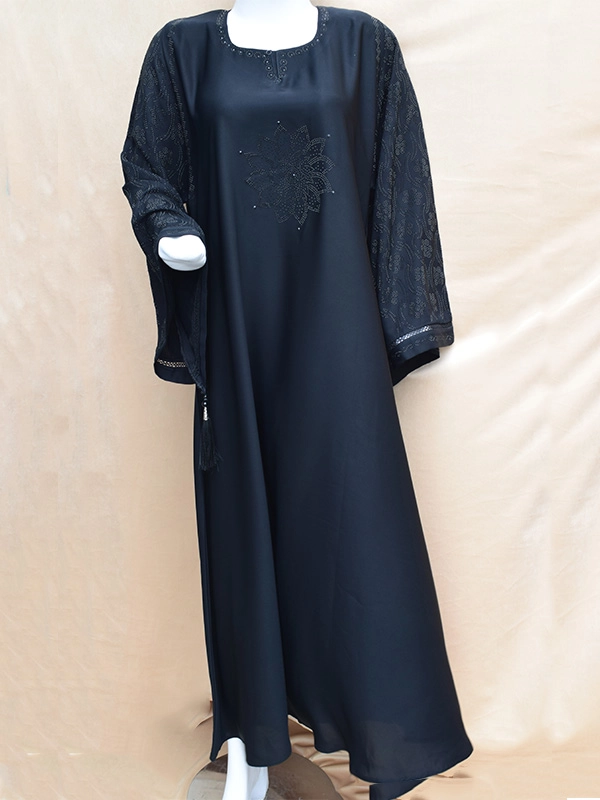 Simple Black Abaya With Sleeves Nug Work